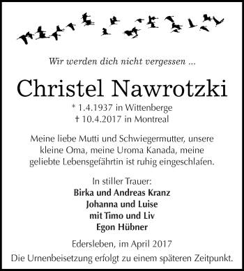 Traueranzeige von Christel Nawrotzki von Super Sonntag SGH Mansf. Land