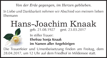 Traueranzeige von Hans-Joachim Knaak von Mitteldeutsche Zeitung Dessau-Roßlau
