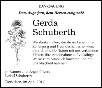 Traueranzeige von Gerda Schuberth von Mitteldeutsche Zeitung Aschersleben