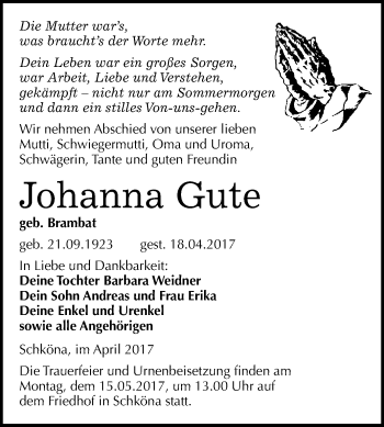 Traueranzeige von Johanna Gute von WVG - Wochenspiegel Wittenberg