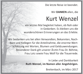 Traueranzeige von Kurt Wenzel von Super Sonntag Zeitz