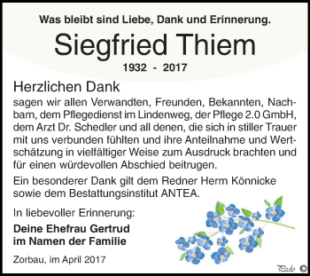 Traueranzeige von Siegfried Thiem von WVG - Wochenspiegel NMB / WSF / ZTZ