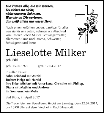 Traueranzeige von Lieselotte Milker von Mitteldeutsche Zeitung Naumburg/Nebra