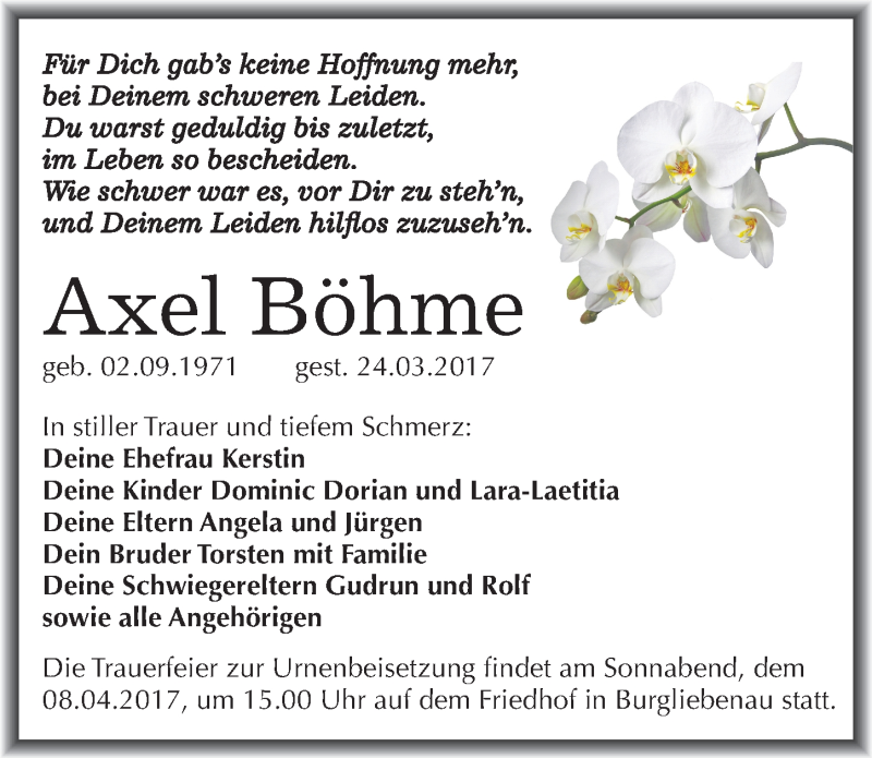  Traueranzeige für Axel Böhme vom 01.04.2017 aus Mitteldeutsche Zeitung Merseburg/Querfurt