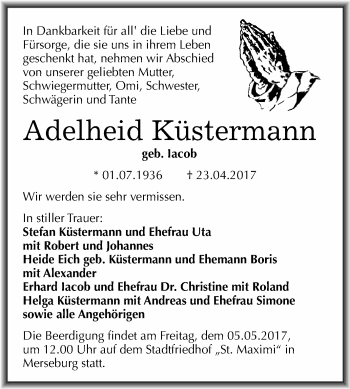 Traueranzeige von Adelheid Küstermann von WVG - Wochenspiegel Merseburg