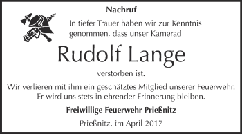 Traueranzeige von Rudolf Lange von WVG - Wochenspiegel NMB / WSF / ZTZ