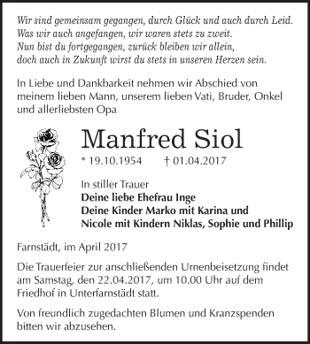 Traueranzeige von Manfred Siol von WVG - Wochenspiegel Merseburg