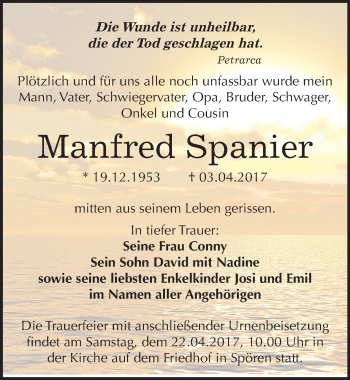 Traueranzeige von Manfred Spanier von Mitteldeutsche Zeitung Bitterfeld