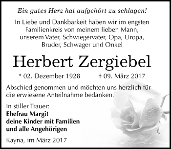 Traueranzeige von Herbert Zergiebel von Mitteldeutsche Zeitung Zeitz