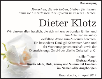 Traueranzeige von Dieter Klotz von WVG - Wochenspiegel Merseburg