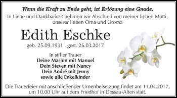 Traueranzeige von Edith Eschke von WVG - Wochenspiegel Dessau / Köthen