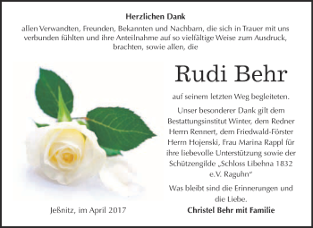 Traueranzeige von Rudi Behr von WVG - Wochenspiegel Bitterfeld