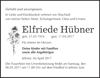 Traueranzeige von Elfriede Hübner von WVG - Wochenspiegel Bitterfeld