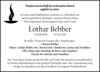 Traueranzeige von Lothar Bebber von Mitteldeutsche Zeitung Dessau-Roßlau
