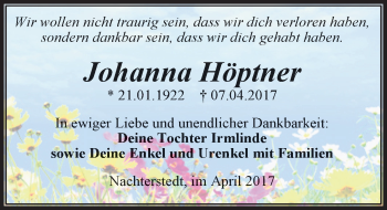 Traueranzeige von Johanna Höptner von Mitteldeutsche Zeitung Aschersleben