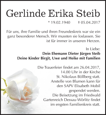 Traueranzeige von Gerlinde Erika Steib von Mitteldeutsche Zeitung Halle/Saalkreis