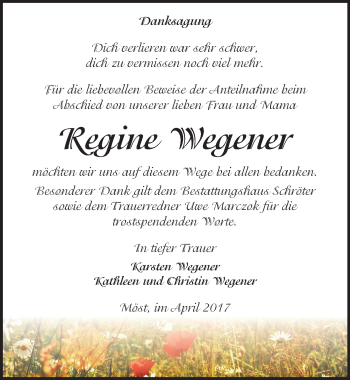 Traueranzeige von Regine Wegener von Mitteldeutsche Zeitung Bitterfeld