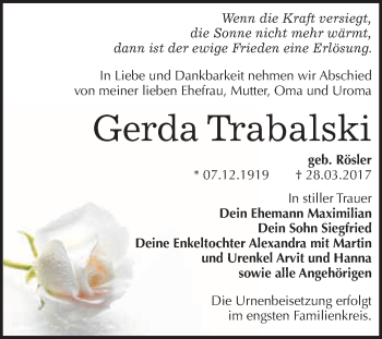 Traueranzeige von Gerda Trabalski von WVG - Wochenspiegel Bitterfeld