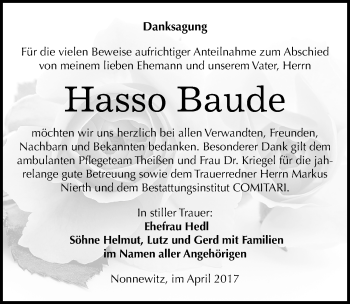 Traueranzeige von Hasso Baude von Mitteldeutsche Zeitung Zeitz