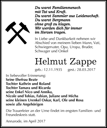 Traueranzeige von Helmut Zappe von Mitteldeutsche Zeitung Mansfelder Land