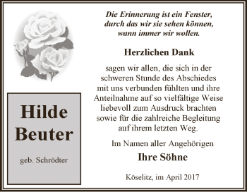 Traueranzeige von Hilde Bueter von WVG - Wochenspiegel Dessau / Köthen