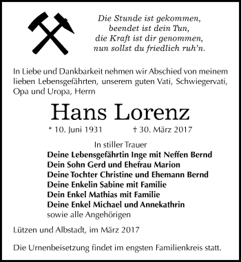 Traueranzeige von Hans Lorenz von Mitteldeutsche Zeitung Weißenfels