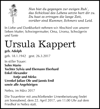 Traueranzeige von Ursula Kappert von Mitteldeutsche Zeitung Naumburg/Nebra