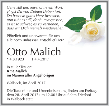 Traueranzeige von Otto Malich von Mitteldeutsche Zeitung Mansfelder Land