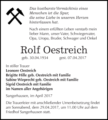 Traueranzeige von Rolf Oestreich von Super Sonntag SGH Mansf. Land