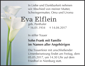 Traueranzeige von Eva Elflein von Super Sonntag Bernburg