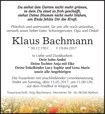 Traueranzeige von Klaus Bachmann von Mitteldeutsche Zeitung Köthen