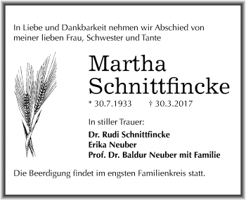 Traueranzeige von Martha Schnittfincke von Mitteldeutsche Zeitung Halle/Saalkreis