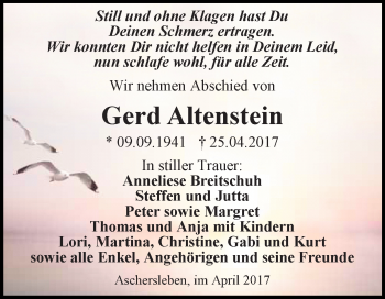 Traueranzeige von Gerd Altenstein von Super Sonntag Aschersleben