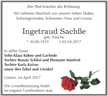 Traueranzeige von Ingetraud Sachße von Super Sonntag Bernburg