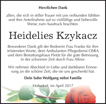 Traueranzeige von Heidelies Kzykacz von Mitteldeutsche Zeitung Köthen