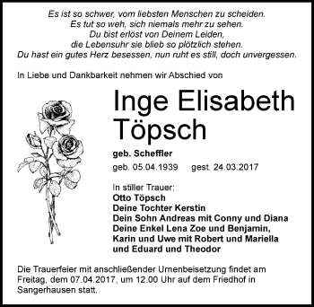 Traueranzeige von Inge Elisabeth Töpsch von Mitteldeutsche Zeitung Sangerhausen