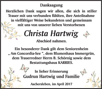 Traueranzeige von Christa Hartwig von Mitteldeutsche Zeitung Aschersleben