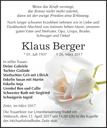 Traueranzeige von Klaus Berger von Mitteldeutsche Zeitung Zeitz