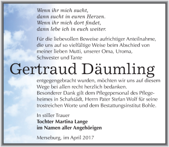 Traueranzeige von Gertraud Däumling von Mitteldeutsche Zeitung Merseburg/Querfurt