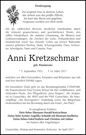 Traueranzeige von Anni Kretzschmar von WVG - Wochenspiegel NMB / WSF / ZTZ