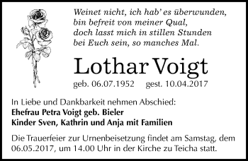 Traueranzeige von Lothar Voigt von Mitteldeutsche Zeitung Halle/Saalkreis