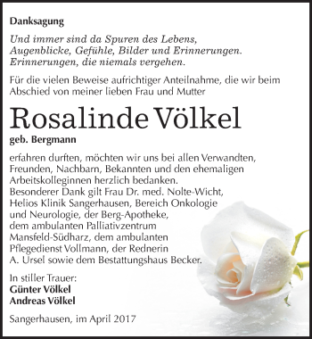 Traueranzeige von Rosalinde Völkel von Mitteldeutsche Zeitung Sangerhausen