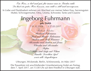 Traueranzeige von Ingeborg Fuhrmann von Mitteldeutsche Zeitung Sangerhausen