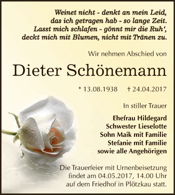 Traueranzeige von Dieter Schönemann von Super Sonntag Bernburg