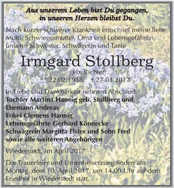 Traueranzeige von Irmgard Stollberg von Mitteldeutsche Zeitung Mansfelder Land