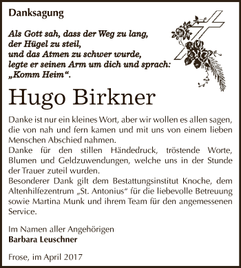 Traueranzeige von Hugo Birkner von WVG - Wochenspiegel Aschersleben