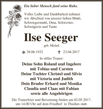 Traueranzeige von Ilse Seeger von WVG - Wochenspiegel Dessau / Köthen