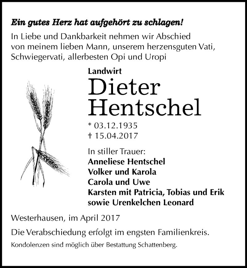  Traueranzeige für Dieter Hentschel vom 22.04.2017 aus Mitteldeutsche Zeitung Quedlinburg