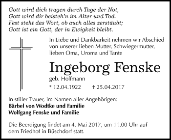 Traueranzeige von Ingeborg Fenske von Mitteldeutsche Zeitung Halle/Saalkreis
