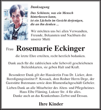 Traueranzeige von Rosemarie Eckinger von Mitteldeutsche Zeitung Dessau-Roßlau